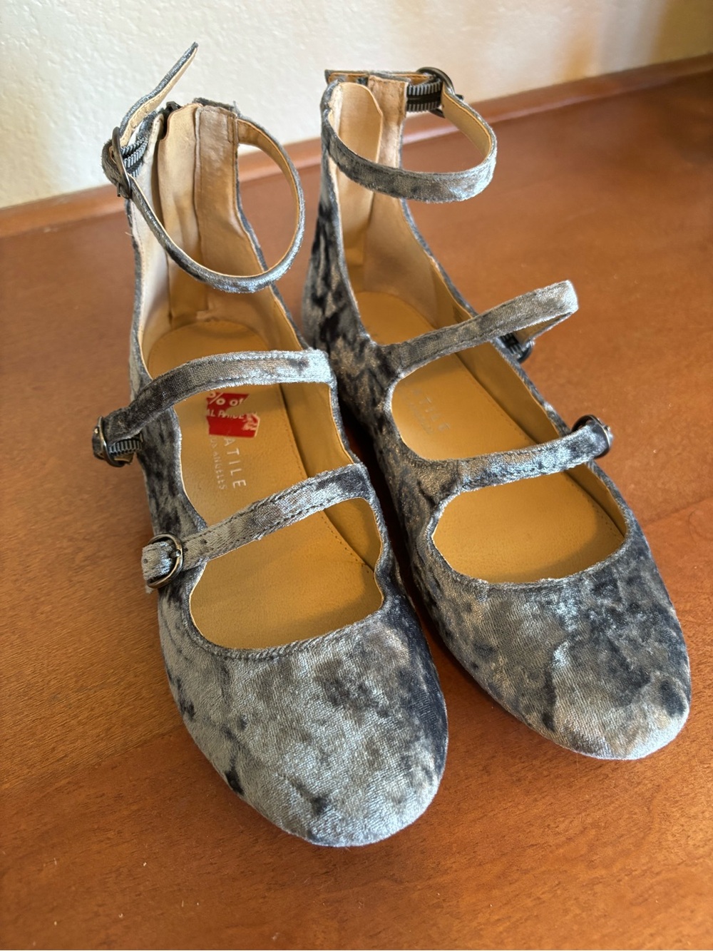 Very Volatile Grey Velvet Triple-Strap Mary Jane Flats